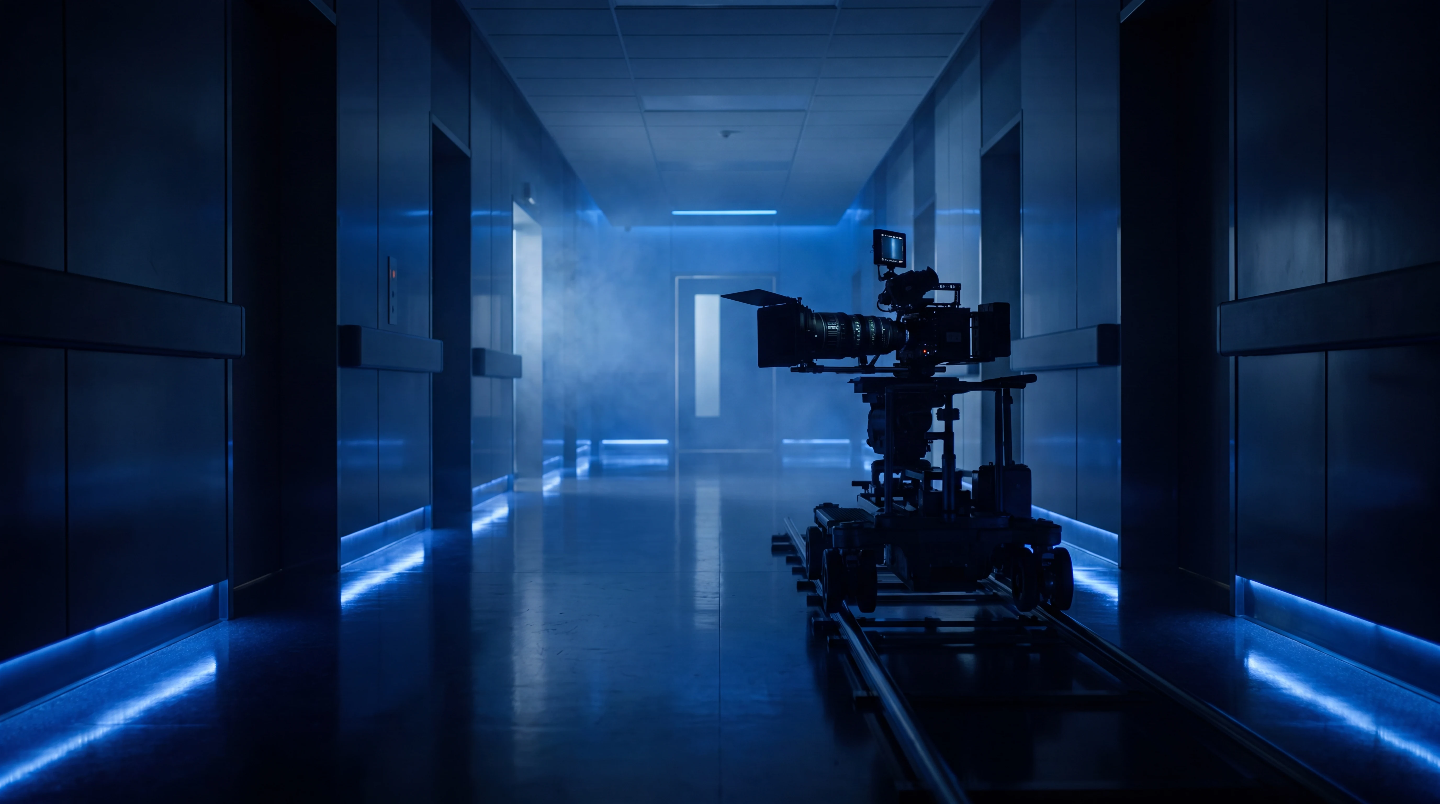 A hospital corridor at night lit like a cinematic film set, with a cinema camera on a dolly