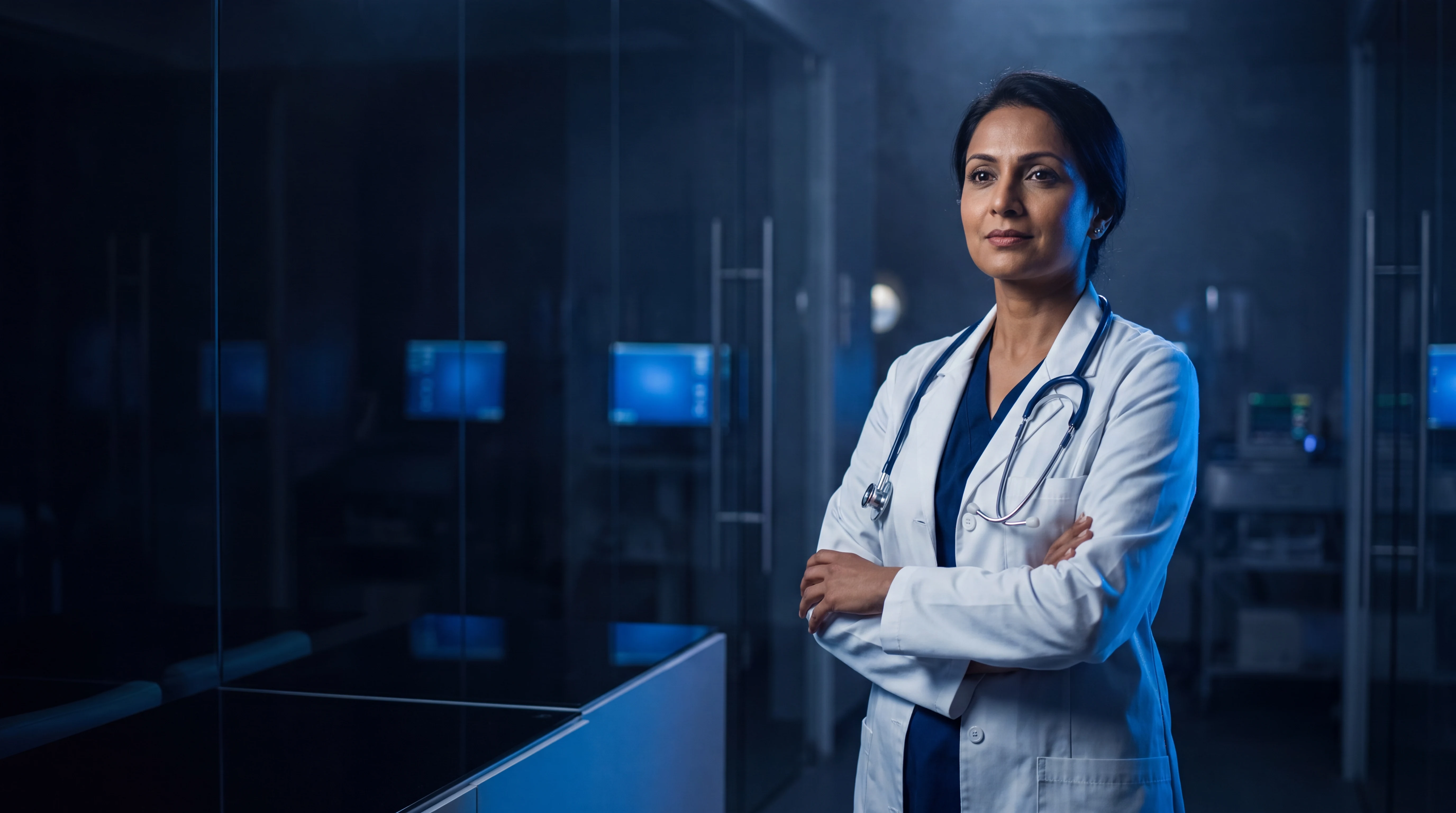 A confident doctor in a white coat standing in a dark, cobalt-lit modern clinic