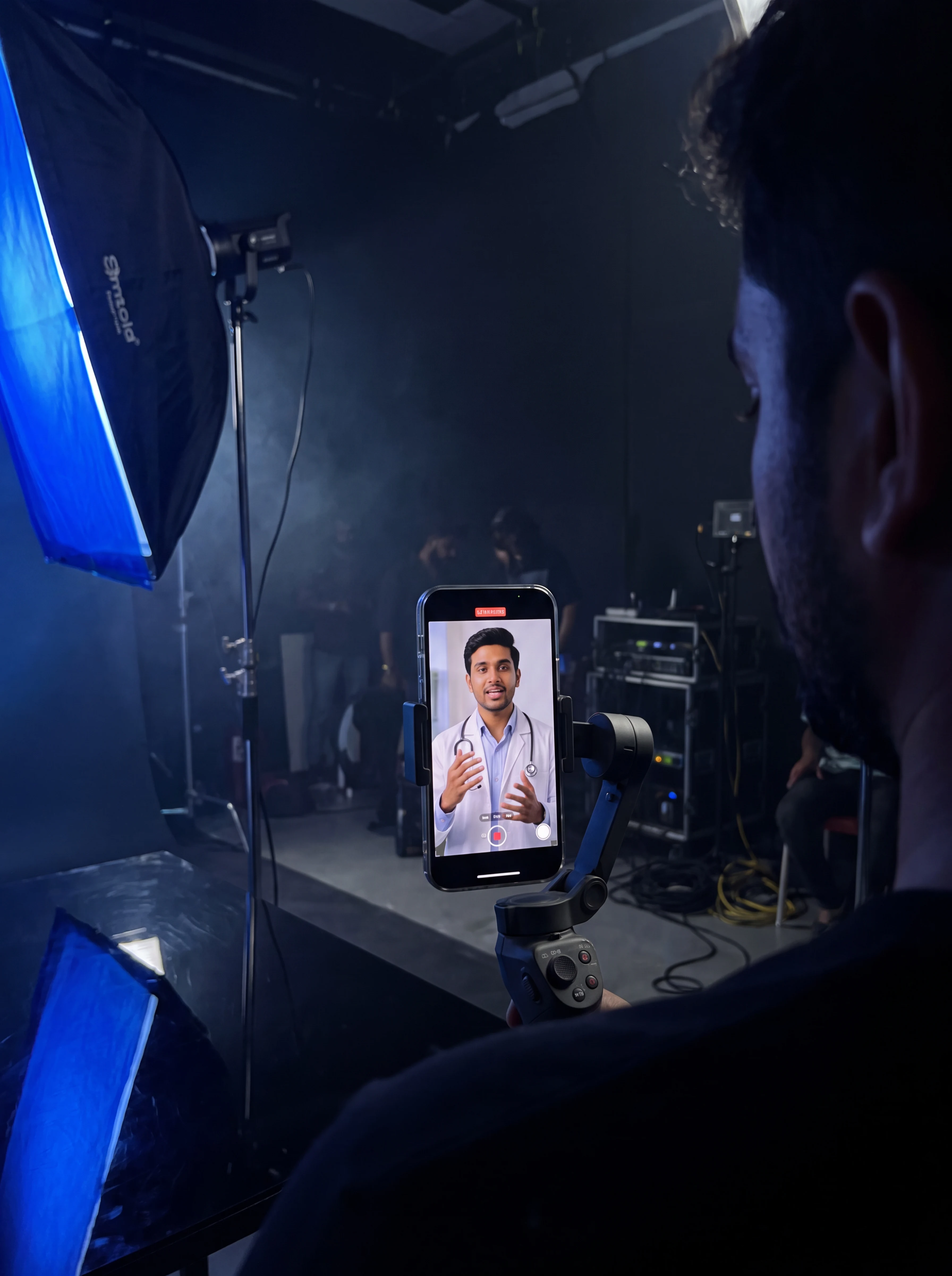 A smartphone on a gimbal rig filming a doctor in a dark, cobalt-lit studio
