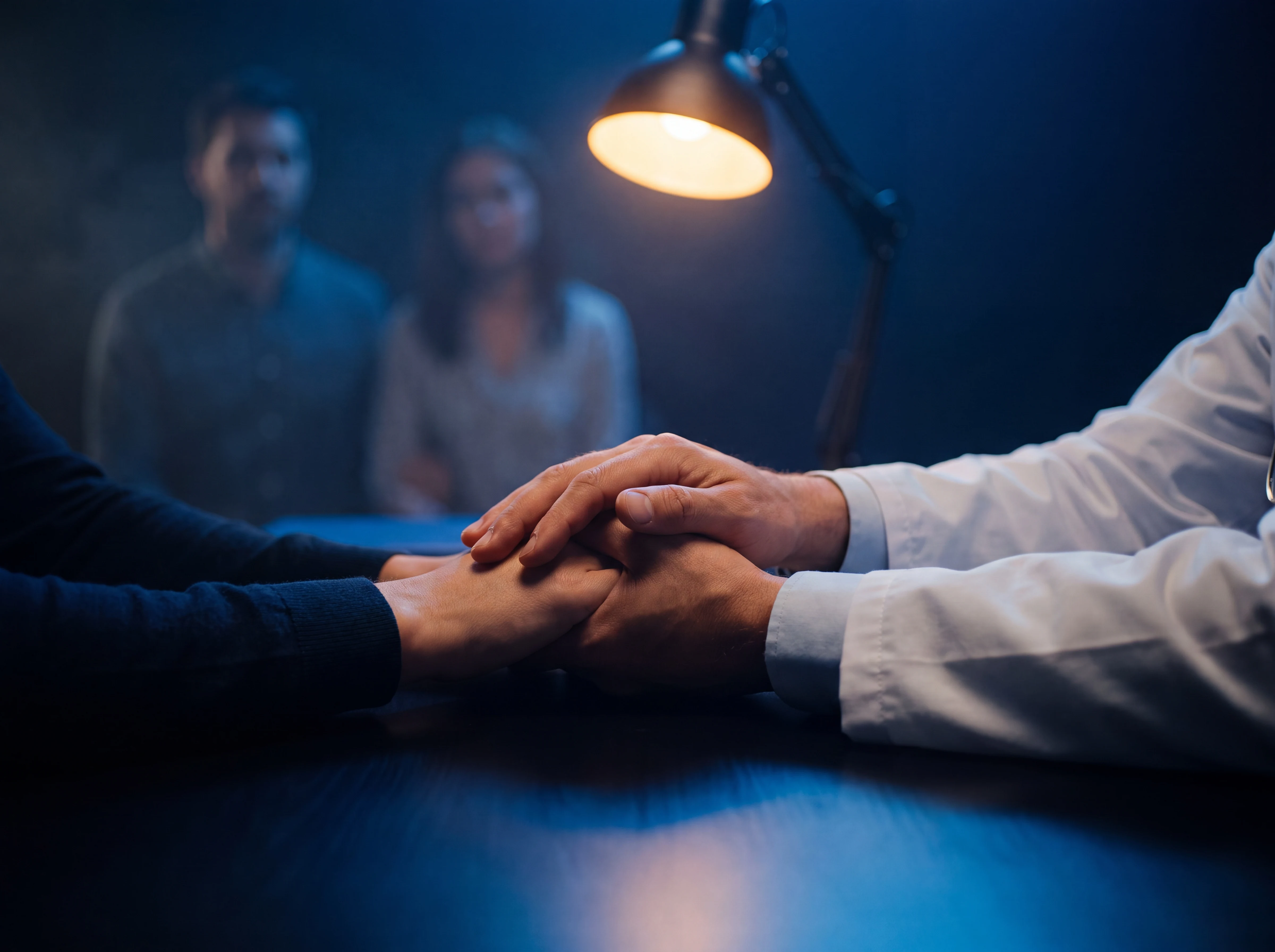 A doctor's reassuring hands clasped over a couple's joined hands in a warm pool of lamplight