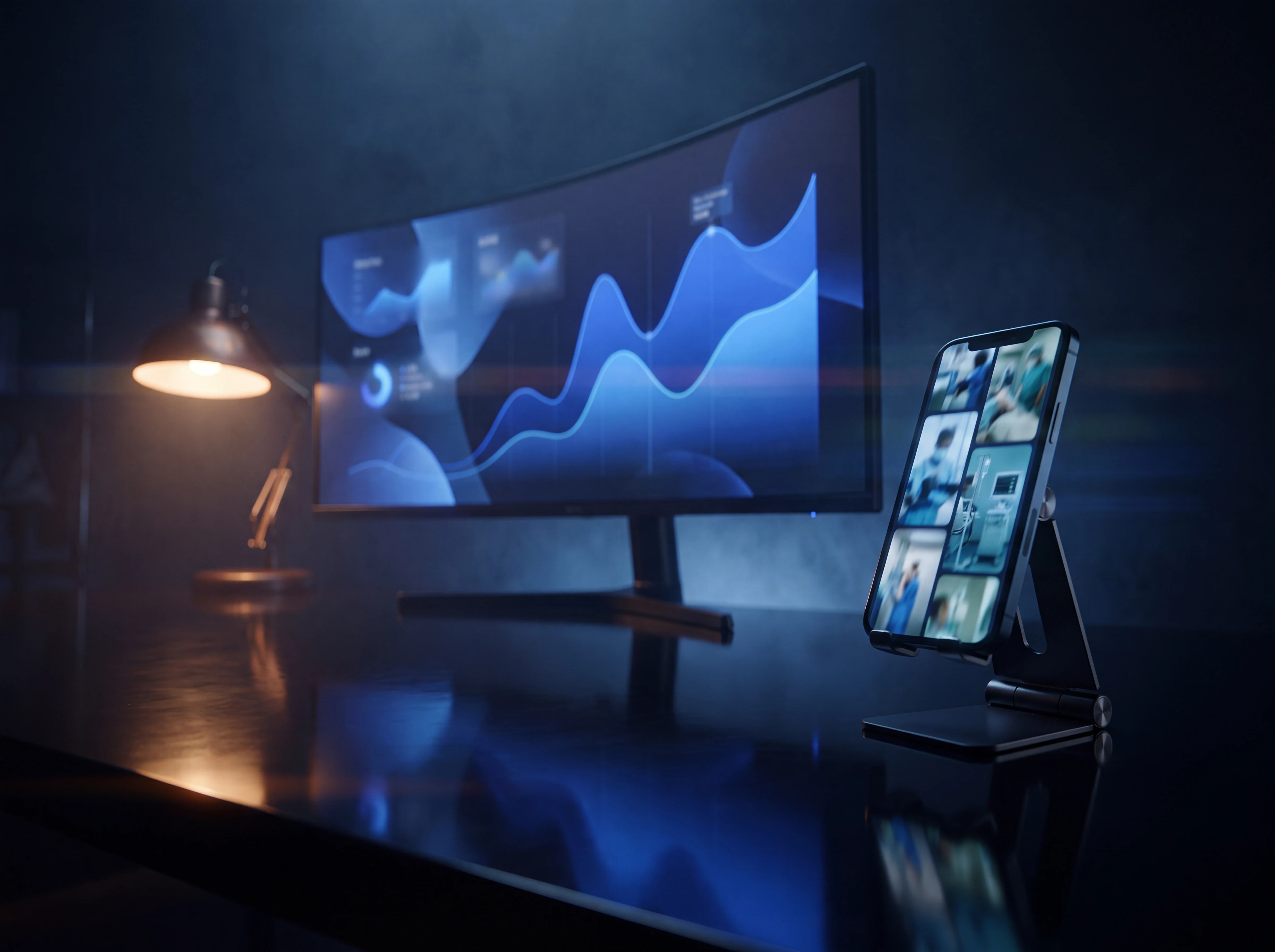A dark studio desk with an ultrawide monitor glowing with rising analytics curves